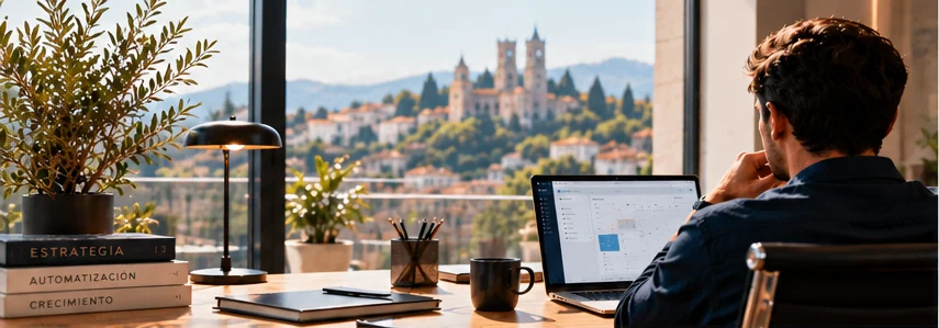 Una persona trabaja con el panel de SendaIA en el portátil, en un despacho con vistas a Granada