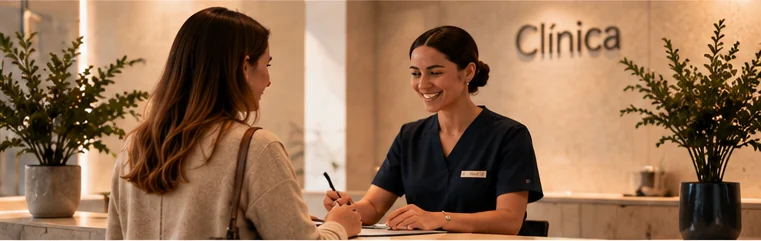 Recepción de una clínica: la recepcionista atiende sonriendo a una paciente