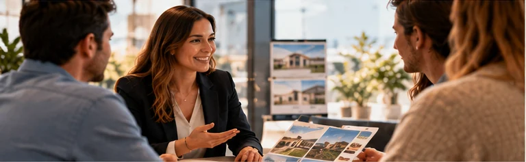 Una agente inmobiliaria enseña fotografías de viviendas a una pareja