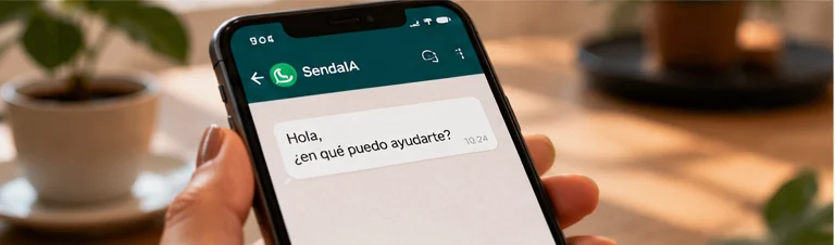 Un teléfono móvil con una conversación de WhatsApp con SendaIA